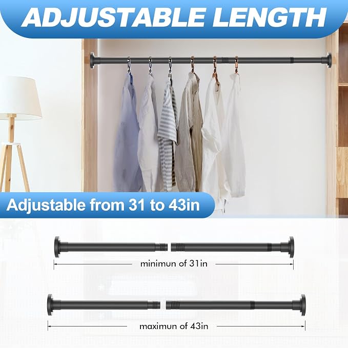 CorkLatta 2 Pack Black Shower Curtain Rod 31 to 43 Inch,1 Inch Diameter Adjustable Spring Tension Stainless Steel Telescopic Rod,Easy Install,No Rust