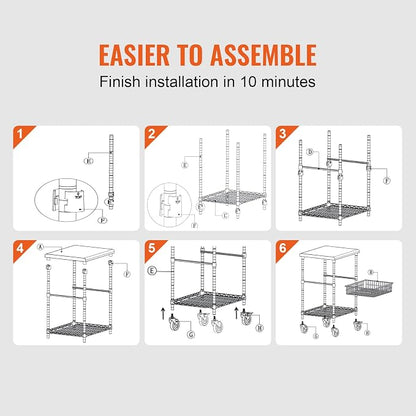 VEVOR Kitchen Utility Cart, 36.6"x20"x24" 3 Tiers Wire Rolling Cart, 470LBS Capacity Steel Service Cart with Brake Wheels, Storage Trolley with 76mm Basket PP Liner 6 Hooks, for Indoor & Outdoor Use