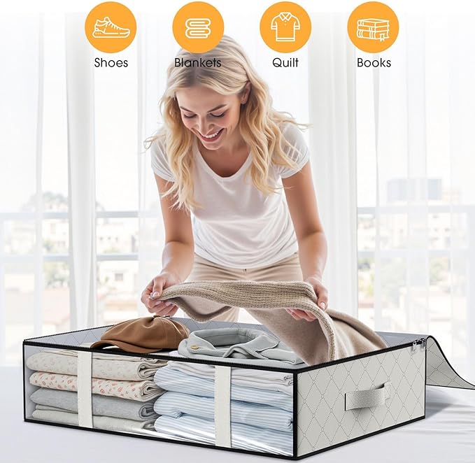 StorageRight Under Bed Storage Bags 8 Pack, 40L Large Clothes & Comforter Storage Containers with Clear Window, Breathable Fabric Organizer for Blankets, Bedding, Seasonal Clothing, White