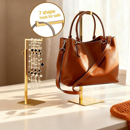 Gold Purse Display Stand, 2 Pack Handbag Display Stand Adjustable Height Stainless Steel Stability Non-slip Base,22lbs Large Bags Display Rack Luxury Purse Holder for Table Retail Closet