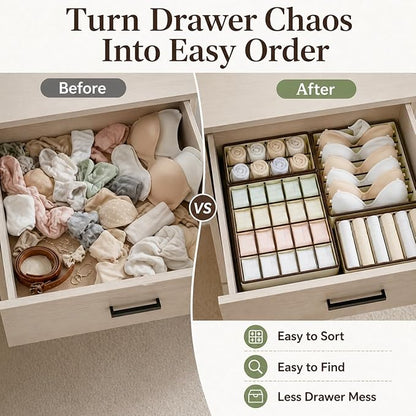 Drawer Organizer for Clothes Set, 4 Pack Foldable Dresser Closet Dividers (6/8/7/24-Cell), Non-Woven Underwear & Sock Drawer Organizer, Bra/Tie/Belt Storage Bins (Beige)