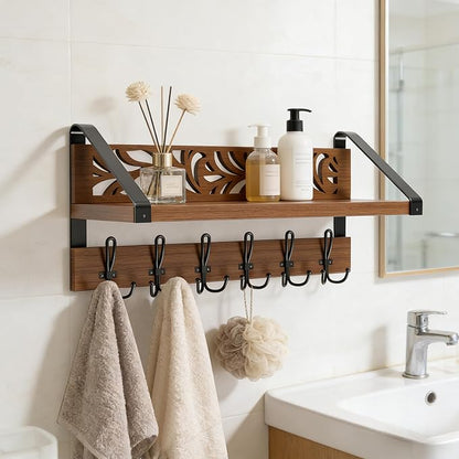 WGFKVAS 2 in 1 Coat Rack Wall Mount with Shelf and 6-Double Hook Wall Hooks with Shelf, Rustic Brown 15" Wood Organizer for Entryway, Living Room, Bedroom, Hallway