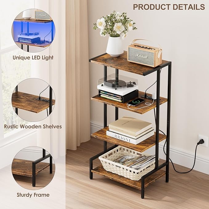 Arbuxzuy 4-Tier AV Media Stand with Power Outlet and LED Lights,Wooden Stereo Stand Cabinet,Game Console Shelf for Small Space,Audio Rack Stand Tower Ideal for Video DVD Players,Xbox