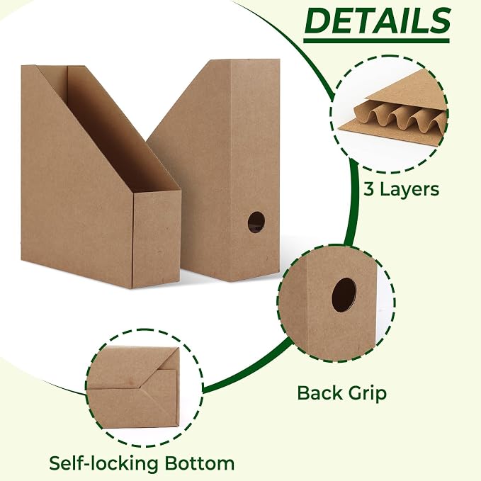 EXYGLO 12 Pack Brown Magazine File Holder, Cardboard Magazine Rack with Label, Foldable Storage Organizer Box for Book, Documents, 10x3.3x12 Inches