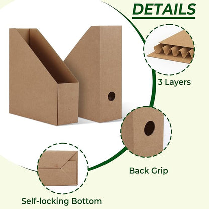 EXYGLO 12 Pack Brown Magazine File Holder, Cardboard Magazine Rack with Label, Foldable Storage Organizer Box for Book, Documents, 10x3.3x12 Inches