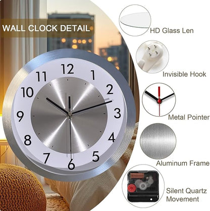 Non Ticking Silent Wall Clock Decorative,Analog Metal Wall Clock Battery Operated,Living Room/Office/Kitchen Clock,10 inch