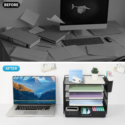 Desk Organizer and Accessories, 5-Tier Paper Letter Tray Organizer with Drawer & 2 Pen Holders for Desktop File Organization, Office Desk Accessories for Supplies Storage (Black)