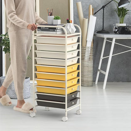 OFFICEJOY Storage Cart, Rolling Utility Cart with 10 Drawers, Portable Handles & Lockable Wheels, Mobile Paper Toys Storage Organizer Large Capacity for Home Office School Teacher (Yellow)