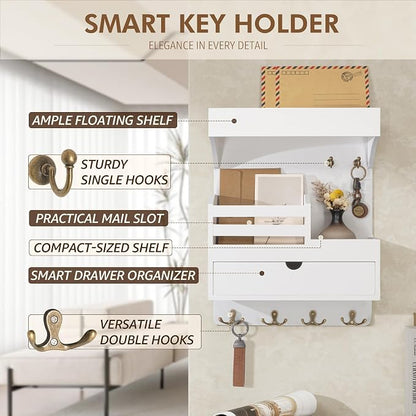 Rebee Vision Key Holder Wall Mount with Drawer Organizer – Pine Wooden Mail and Key Organizer with 6 Sturdy Hooks and Wall Shelf – Modern Living Room Decor for a Modern Home (White)
