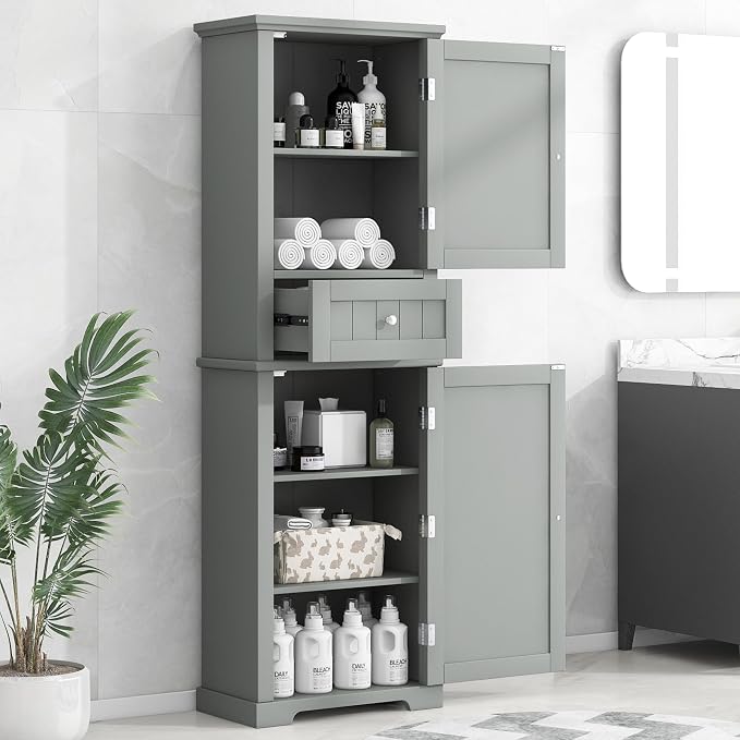 Bathroom Storage Cabinet, Tall Cabinet with Adjustable Shelf | Tall bathroom storage cabinet, 2 enclosed cabinets and middle pull-out compartment keep daily essentials organized