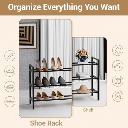 Haddockway Bamboo Shoe Rack for Closet, Free Standing Shoe Organizer with Smooth Round Rods & Convenient Handles, Stackable Shoe Storage Shelf for Entryway, Hallway(Black, 3-Tier)