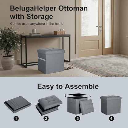 Storage Ottoman Foot Rest, 61L Slim Tall Folding Linen Foot Stool with Thicker Foam Padded Seat. Small Ottoman with Storage Bench for Bedroom Living Room, 300lbs Weight Support, 17x13x13IN, Light Gray