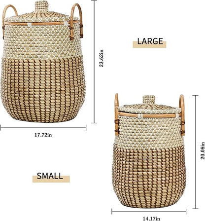 Laundry Baskets Hamper with Handles and Lid,2-Pack Handwoven Natural Seagrass Storage Hamper with Removable Laundry Bag, Toy Clothes Hamper for Home Bedroom, Bathroom, Laundry Room