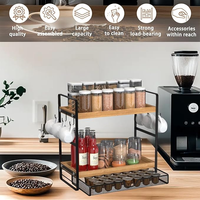 LEMIKKLE Coffee Station Organizer with Pod Holder and Drawer, Kitchen Countertop Organizer, Coffee Bar Accessories Station with Coffee Pod Storage, 2-Tier Wood Coffee Organizer With 6 Hooks