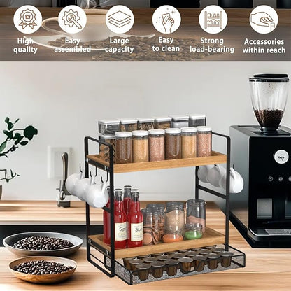 LEMIKKLE Coffee Station Organizer with Pod Holder and Drawer, Kitchen Countertop Organizer, Coffee Bar Accessories Station with Coffee Pod Storage, 2-Tier Wood Coffee Organizer With 6 Hooks