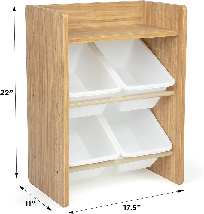 Humble Crew 4-Bin Storage End Table – Nightstand with Natural Wood Frame & White Plastic Bins, 2-Tier Organizer with Shelf for Bedrooms, Dorms & Small Spaces