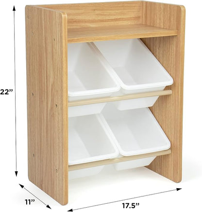 Humble Crew 4-Bin Storage End Table – Nightstand with Natural Wood Frame & White Plastic Bins, 2-Tier Organizer with Shelf for Bedrooms, Dorms & Small Spaces