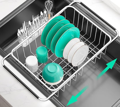 Large Sink Dish Drying Rack, Expandable 304 Stainless Steel Metal Dish Drainer Rack Organizer Shelves with Stainless Steel Utensil Holder Over Inside Sink, Rustproof