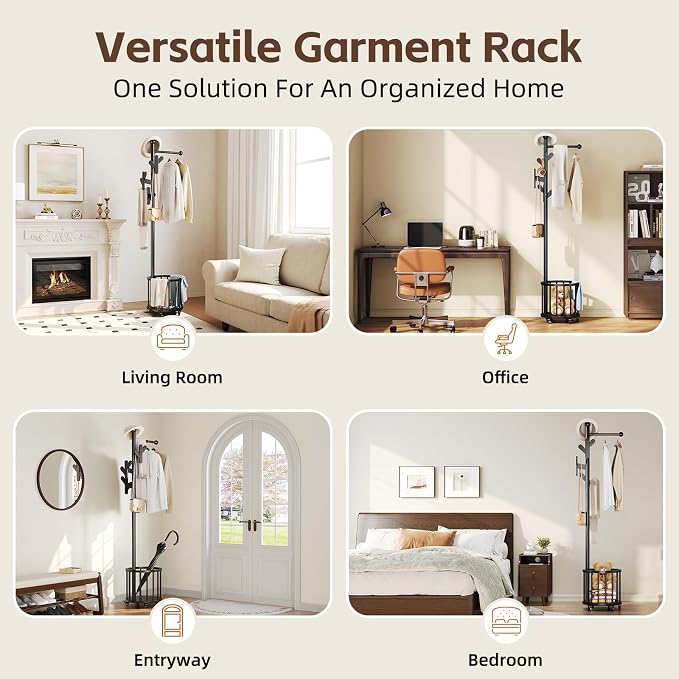 Uniclinens Freestanding Wooden Coat Rack with Umbrella Holder，Black Coat Rack with Hooks, Space-Saving Entryway Organizer for Hanging Clothes and Storing Towels, Bedroom, Living Room