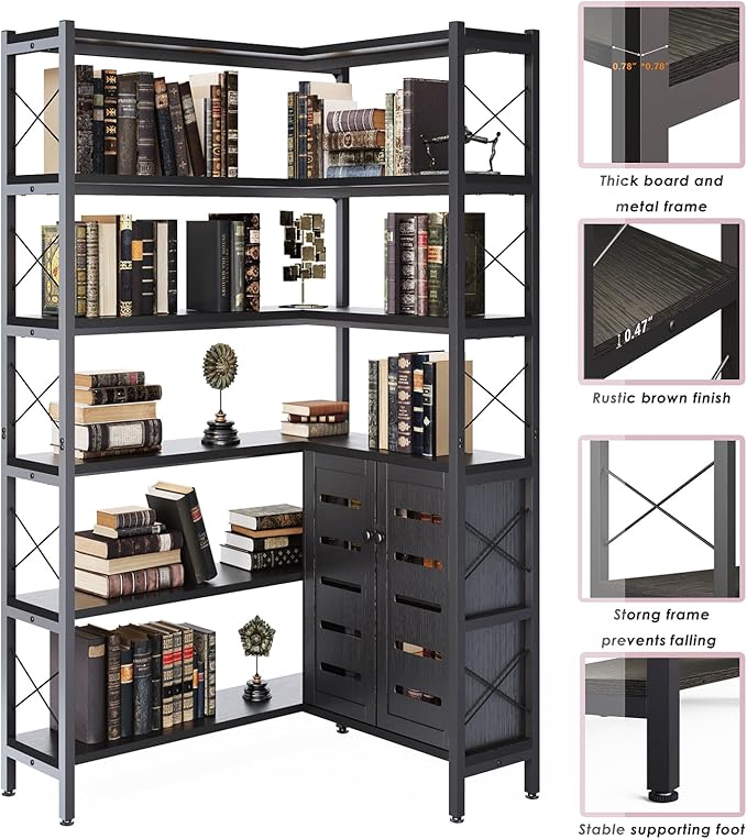 Wildhome 6-Shelf Corner Bookshelf, Vintage Industrial Corner Shelf Etagere Bookcase, Large Book Shelf with Metal Frame Open Storage Corner Cabinet (Black-Lockers)