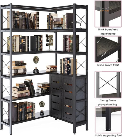 Wildhome 6-Shelf Corner Bookshelf, Vintage Industrial Corner Shelf Etagere Bookcase, Large Book Shelf with Metal Frame Open Storage Corner Cabinet (Black-Lockers)