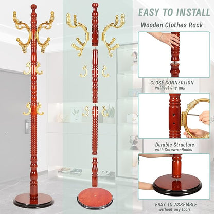 Coat Rack Freestanding,Solid Wooden Coat Rack Stand with 3 Height Options,14 Hooks, Natural Birch Coat Tree Easy to assemble for Clothes Jacket Hat bag Entryway (mahogany) (begonia)