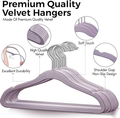 50 Premium Kids Velvet Hangers - 14'' Non-Slip, Ultra-Slim & Space-Saving Hangers - 360° Swivel Hook, Strong & Durable for Children & Preteens - Purple
