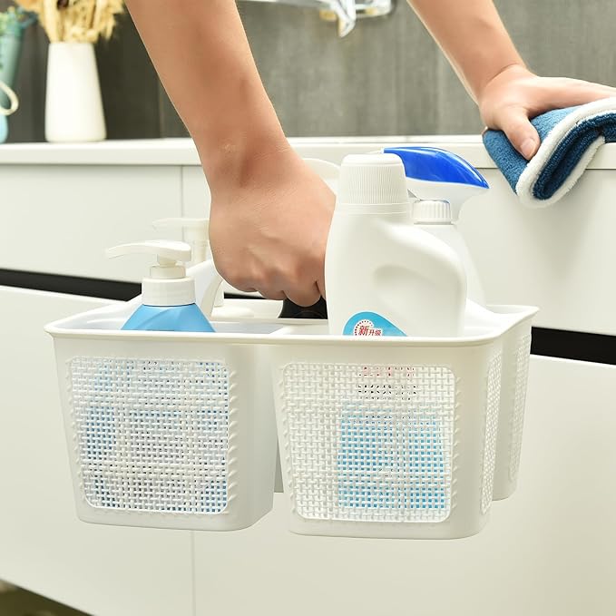 Plastic White Shower Caddy Basket, Divided Cleaning Portable Shower Basket with Handle Compartments Storage Organizer for Bathroom, College, Kitchen, Dorm Room Essentials