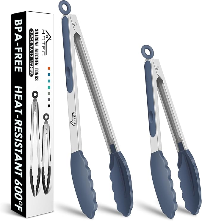 HOTEC Premium Stainless Steel Locking Kitchen Tongs with Silicon Tips, Set of 2-9" and 12",Dusty Blue