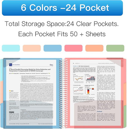 HABGP 24 Pocket Plastic folders with Pockets, 6 Colors Multi Pocket 12 Folder Binder Dividers, Multi-Subject Project Organizer for Office, School Supplies, Letter Size