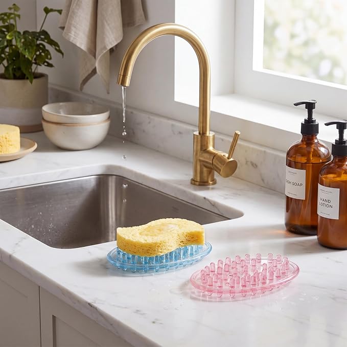 2 Pcs Plastic Soap Holder Soap Dish Bar Saver Tray with Holes Sponge Holder for Kitchen Bathroom Shower Counter, 4.5 x 3 x 0.7 Inches (Pink,Blue)