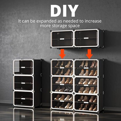 MAGINELS 8-Tier Shoe Rack,Expandable Plastic Shoe Cabinet. Shoe Storage with Door,Entryway, Closets, Hallway, and Bedroom.Accommodates Up to 48 Pairs of Shoes.Grey (3 by 8)
