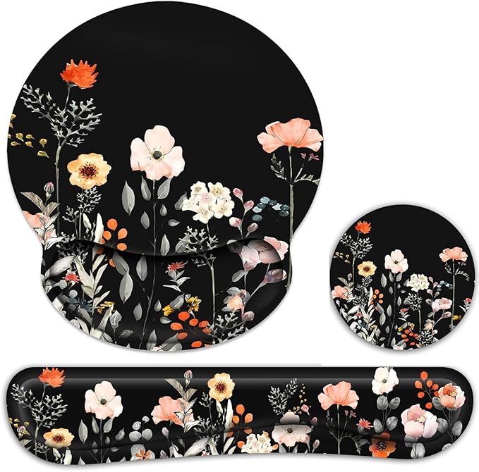 Ergonomic Mouse Pad with Wrist Rest and Keyboard Wrist Rest, Wrist Rest for Computer Keyboard, Easy Typing, Pain Relief, Black Mouse Pad with Wrist Support for Gaming,Office, Laptop, Garden Flowers