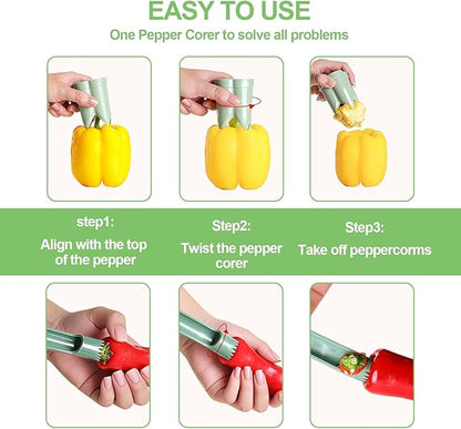 Pepper Corer,Chili Seed Remover Tool,Durable ABS Kitchen Gadget for Bell & Chili Peppers, 2-in-1 Design, Easy Twist Use, Ideal for Home Cooking, Camping(Green)