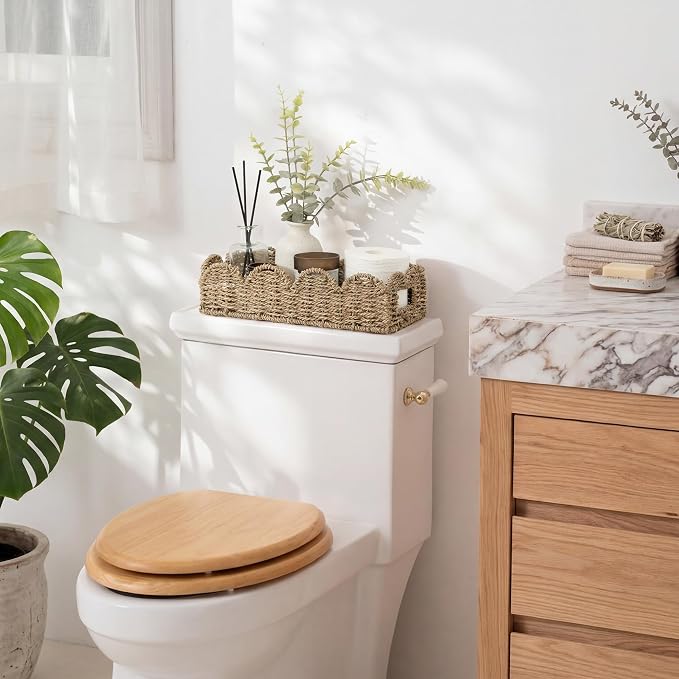 StorageWorks Small Wicker Scalloped Baskets for Bathroom Decor, Long Narrow Decorative Seagrass Baskets for Storage, Toilet Paper Basket for Back of Toilet Basket Tank Topper with Handles