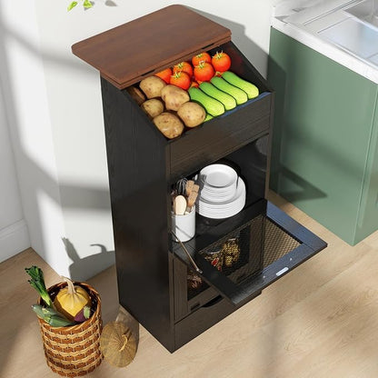 Patiorama Wood Potato and Onion Storage Bin Box with Lid, 4-Tier Farmhouse Wooden Bread Box Cabinet with 2 Mesh Doors & Rolling Drawer, Large Vegetable Storage Bin Organizer for Kitchen Pantry Black