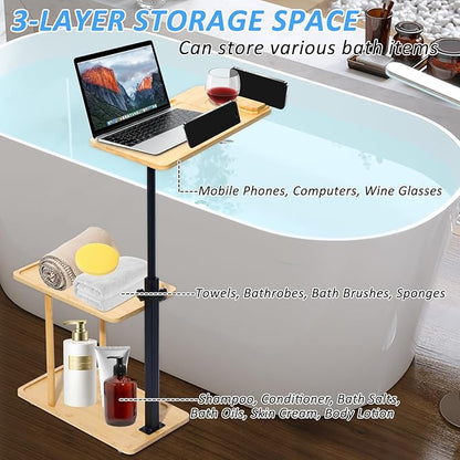 3 Layer Bath Tub Tray Table Liftable Freestanding Bamboo Bath Tray Caddy for Tub Against Wall Shelf Bathroom Organizer Shelf for Luxury Spa (Square)