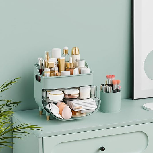 Yieach Green Make up Organizer for Countertop,Vanity,Large Capacity Bathroom Makeup Skincare Organizers With Brush Holder,Makeup Storage Organizer for Lotion,Beauty Products,Skin Care,Makeup Display