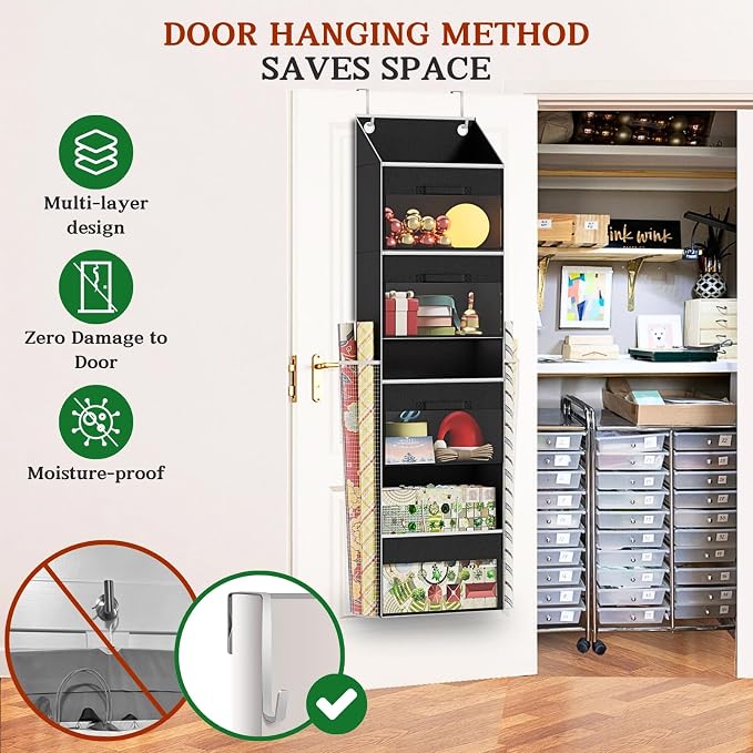 Black Over Door Wrapping Paper Organizer Storage with 3 Removable Drawers & Side Pockets – Dual Use Design with Elastic Straps – Christmas Gift Wrap Storage for Ribbons, Bows,Ornament and Other Tools