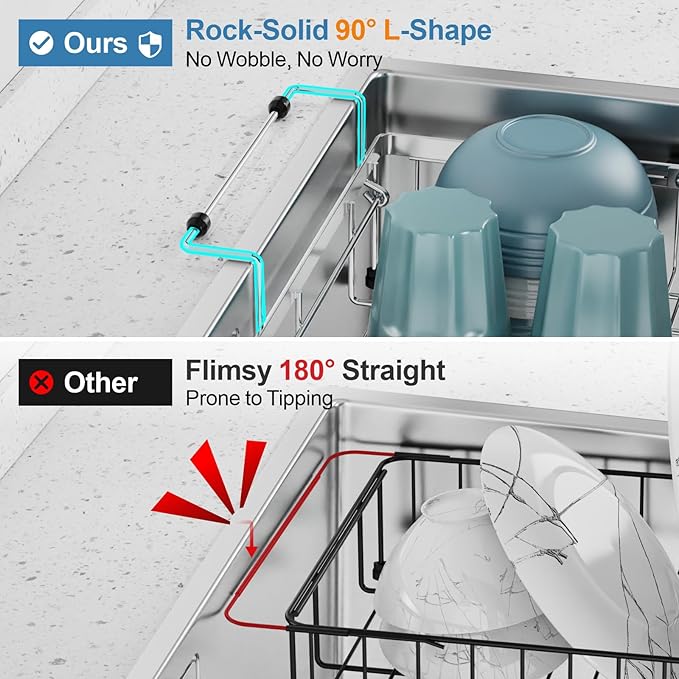 GSlife Dish Drying Rack Over the Sink - Expandable Stainless Steel Dish Drainer for Small Kitchen Apartment, Space Saving Sink Rack with Secure Lock Knob and Utensil Holder, Silver