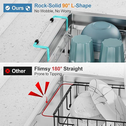 GSlife Dish Drying Rack Over the Sink - Expandable Stainless Steel Dish Drainer for Small Kitchen Apartment, Space Saving Sink Rack with Secure Lock Knob and Utensil Holder, Silver