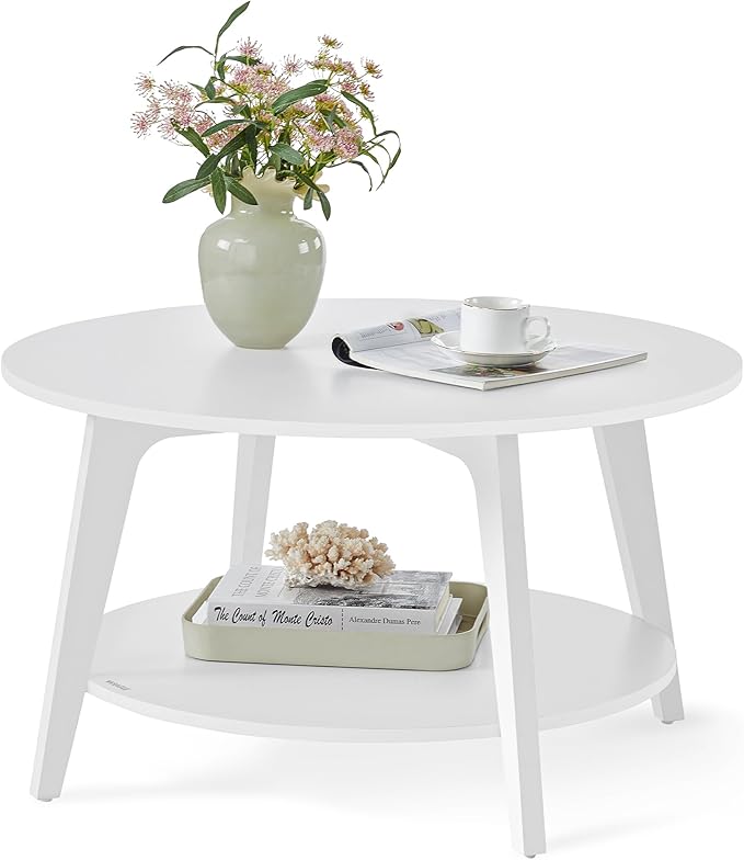VASAGLE MAEZO Collection - Round Coffee Table, 2-Tier Center Table with Storage, Tapered Legs, Curved Transitions, 31.5 Dia. x 17.7 H Inches, Easy Assembly, for Living Room, Snow White ULCT243W14