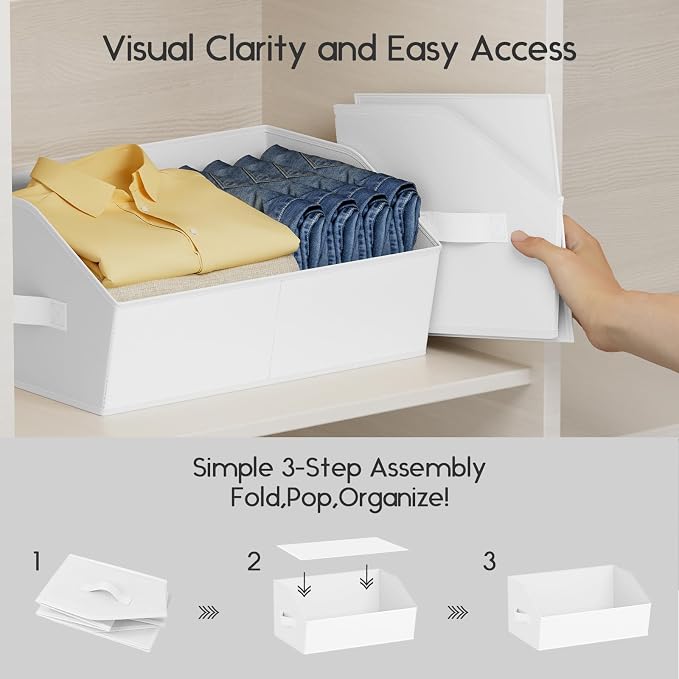 Homsorout Large Closet Organizers and Storage Bins - 8 Pack Trapezoid Storage Baskets for Shelves, Foldable Fabric Baskets with Handles Ideal for Closet, Basket, Wardrobe and Shelf Storage, White