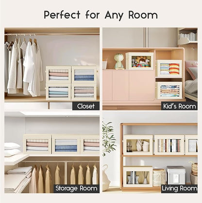 Collapsible Storage Bins with Lids - Stackable Storage Boxes with Window, 15.7 Inch Fabric Organizing Bins for Closet, Home & Office Organization Baskets, Beige, 3 Pack