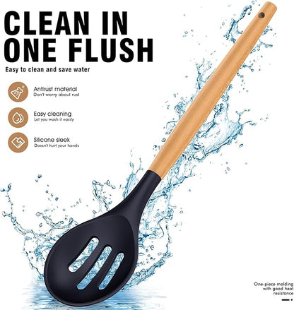 Silicone Cooking Utensils Set - AVGPD Silicone Kitchen Utensils for Cooking Wooden Handles, 446°F Heat Resistant Kitchen Utensil Spatula Sets, Gadgets for Non-Stick Cookware BPA FREE (Navy Blue)