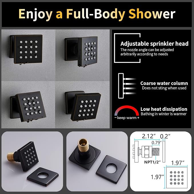 AYIVG Oil Rubbed Bronze Thermostatic Rainfall Shower Mixer System Set 16 x 26 Inch Full Body Shower Jets System 64 Color LED Shower Faucets Sets Complete Temperature Display Shower System Set