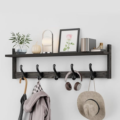 Tatub 29'' Coat Rack Wall Mount with Shelf, Wood Wall Hooks with Storage, Entryway Shelf with 5 Coat Hangers for Bathroom, Living Room, Bedroom, Ebony Grey