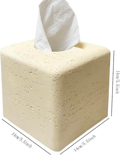Marble Tissue Box Cover Square Decorative Stone Klenex Box Holder for Bathroom & Living Room with Handcrafted Texture (Beige Yellow)