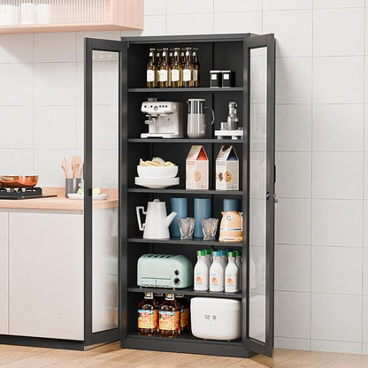 VINGLI Lockable Display Cabinet with Glass Doors & 5 Adjustable Shelves, 71" Tall Black Metal Storage Cabinet Curio Liquor, Bookshelf Bookcase for Home Office Living Room Pantry Garage