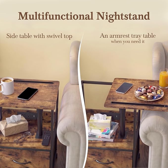 Faesun Swivel Lift Top Nightstand with Charging Station, Rolling Side Table for Recliner, Bedside Table with Wheels & a Fabric Drawer, for Small Spaces, for Bedroom, Living Room, Brown